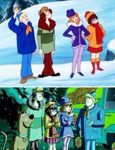 cartoon characters are standing in the snow