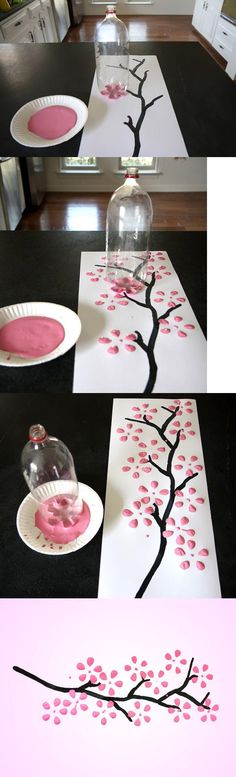 the process of painting a cherry blossom tree with acrylic paint and stencils