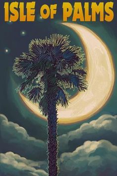 a painting of a palm tree in front of a full moon with the words isle of palms on it