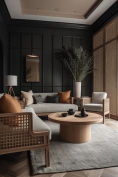 a living room filled with furniture and a plant in the middle of the room on top of a coffee table