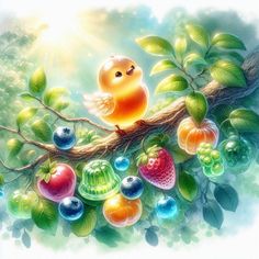 a bird sitting on top of a tree branch surrounded by fruits and berries in the sunlight