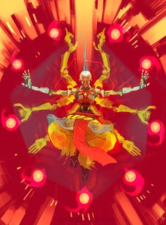 a digital painting of a woman dancing in the middle of a room with red and yellow lights