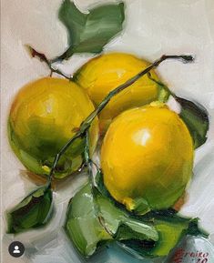 a painting of three lemons with leaves