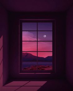 an empty room with a window looking out at the mountains and moon in the sky