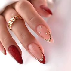 Red Press on Nails Almond Fake Nails Medium Shape Acrylic Nails AL French Red | eBay Bridal Shower Nails For Guest, Nye Nails Almond Shape, Long Hair Updo Styles, New Yrs Nails, Elegant Almond Nails Classy, Nails December, Red And Gold Nails, Gold Nail, Her Nails