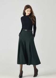 Midi Wool Skirt, Pleated Wool Skirt, Dark Green Skirt With Pockets, Womens Swing Skirt, Autumn Winter Skirt, Custom Skirt, Xiaolizi 4532 - Etsy Dark Green Outfit, Korean Skirt Outfits, Midi Wool Skirt, Green Skirt Outfits, Dark Green Skirt, Custom Skirt, A Line Midi Skirt, Korean Skirt, Midi Skirt Outfit