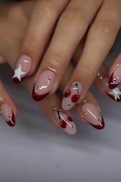 Red With Design Nails, Thanksgiving Almond Nails Designs, Russian Manicure Design Fall, Red Almond Nail Ideas, Nail Ideas Builder Gel, Aesthetic Nails 2024, Cool Nails 2024, Basic Nail Designs Simple, Red Nails Design Ideas Classy