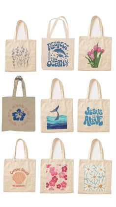 six bags with different designs on them