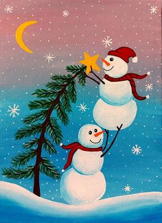 a painting of two snowmen holding a star on top of a tree in the snow