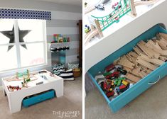 two pictures side by side one has a toy train set and the other has toys in it