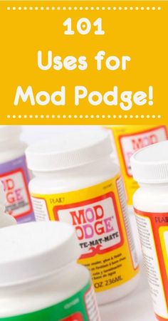 many different types of medicine bottles with the words 101 uses for mood podge on them