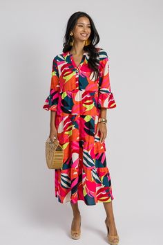 Benette Dress, Bombshell Blooms - New Arrivals - The Blue Door Boutique Multicolor Half Sleeve Maxi Dress For Beach, Multicolor Half Sleeve Maxi Dress For Vacation, Multicolor 3/4 Sleeve Maxi Dress For Vacation, Summer Dresses With Ruffle Hem And 3/4 Sleeves, Summer Dress With Ruffle Hem And 3/4 Sleeves, Spring Beach Midi Dress With Half Sleeves, Summer Beach Dresses With 3/4 Length, Summer Beach Dress With 3/4 Length, Summer Ruffle Hem Half Sleeve Dresses