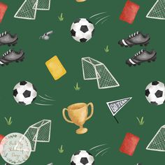 a green background with soccer balls, cups and other sports related items on it's surface