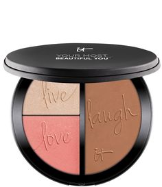 Developed with plastic surgeons&#x2C; Your Most Beautiful You is your 3-in-1 powerhouse makeup palette for your naturally pretty look of vitality.The talc-free matte bronzer&#x2C; luminizing radiance powder and brightening blush stain are formulated with proprietary Drops of Light Technology&#x2C; plus hydrolyzed collagen&#x2C; silk and peptides to instantly diffuse the appearance of lines and wrinkles and nourish your skin for your most beautiful results& It Cosmetics Bronzer, Blush Face, Naturally Pretty, Bronzer Palette, Highlighter And Bronzer, How To Apply Blush, Matte Bronzer, Face Palette, Blush Highlighter