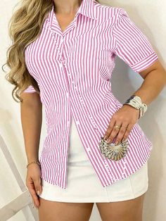 Rosa Casual Collar manga corta Tela tricotada Color combinado,A rayas Camisa Embellished No-Elástico Women Blouses, Sleeves (women), Cinched Waist, Kids Beachwear, Striped Shirt, Women Clothes Sale, Womens Tees, Women Clothing, Pink White