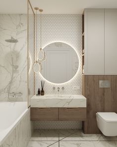 a bathroom with a round mirror above the sink and a white bathtub next to it