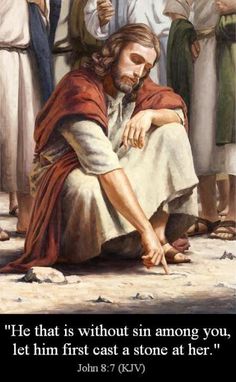 a painting of jesus sitting on the ground with his hands clasped to his knees and other people standing around him