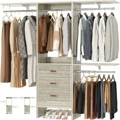 an open closet with clothes and shoes hanging on the rails, drawers and hangers