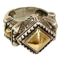 This is part of Chairish’s Fine Jewelry assortment.  Intricate workmanship on this sterling and gold ring by Flli Menegatti. Pyramid form in gold at top with beaded edge. Gold detail at both sides with etching and beaded design. Size 5.5. Made in Italy circa 1980s. Beaded Edge, Geometric Ring, Boho Chic Fashion, Gold Details, Cocktail Rings, Pyramid, Etching, Gold Ring, Gold Rings