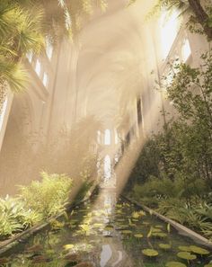 the inside of a building with lots of plants and water