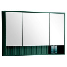 a green and white bathroom cabinet with mirrors