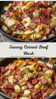 two pictures showing different types of food in the same pan and one with meat on it