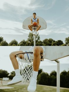 a man sitting on top of a basketball hoop