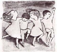 an ink drawing of three children dancing