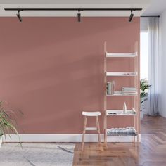 a living room with a ladder, bookshelf and potted plant