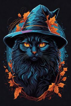 a black cat wearing a witches hat with leaves on it's head and eyes