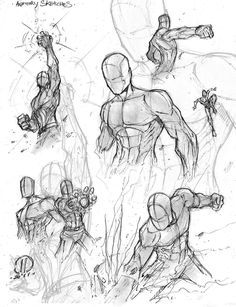 some sketches of superheros doing different poses