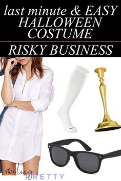 If you're looking for an easy, last minute Halloween costume I've got you covered! How cute is this Risky Business costume? It's super easy and quick to pull together! Check out this post for even more last minute Halloween costumes. Follow for more Halloween costume ideas! Easy Last Minute Halloween Costume, Halloween Playlist