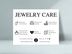 a black and white poster with the words jewelry care written in different languages on it