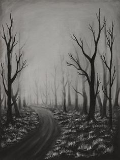 black and white drawing of a dirt road in the woods with dead trees on either side