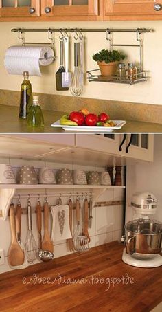 the kitchen counter is clean and ready to be used as a cook's station