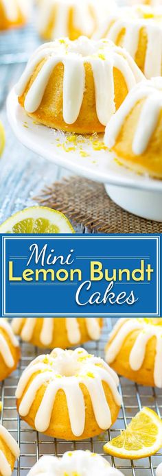 lemon bundt cakes with white icing on a cooling rack