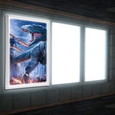 an image of a dinosaur in the window with light coming from it's mouth