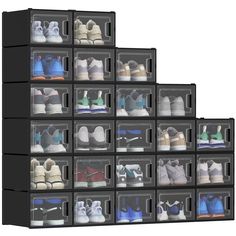 several rows of shoes are shown in this display case with multiple compartments on each side