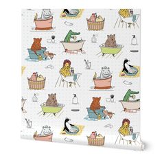 a wallpaper with animals and people in bath tubs