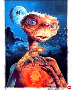 an alien holding a glowing ball in his hand and looking at the sky with two eyes