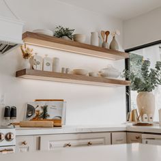 the kitchen counter is clean and ready to be used for cooking or serving dishes,