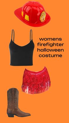 women's firefighter halloween costume including a hat, skirt and cowboy boots on an orange background