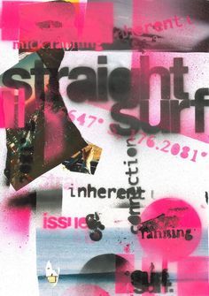 an abstract collage with pink and black text on the bottom right hand corner is a photo of a woman's face