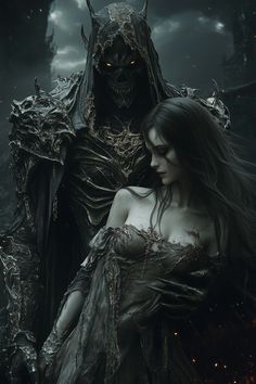 a woman with long hair standing in front of a demonic demon holding her arm around her chest