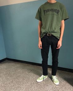 Thrasher Army Green Tee || Louis Vuitton Belt || Tyler the Creator GOLF le FLEUR* "Jade Lime" Green Vans Outfit Men, Green Vans Outfit, Mens Skater Style, Mens Skater Style Outfits, Skater Style Outfits, Vans Outfit Men, Tyler The Creator Golf, Outfit Cowok, Army Outfit