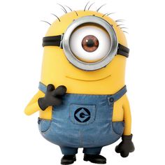 a minion with big eyes and overalls holding his hand up to the side