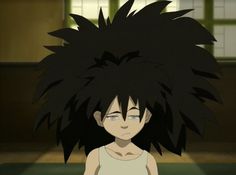 an anime character with black hair standing in a room