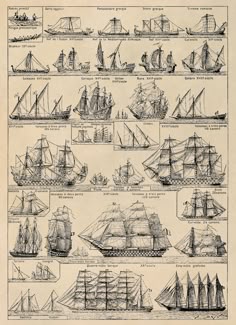 an old book with many different types of ships