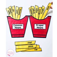 a paper cut out of two red buckets filled with fries and labeled proper and proper words