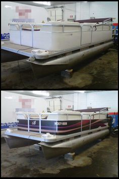 two photos of a boat in a warehouse